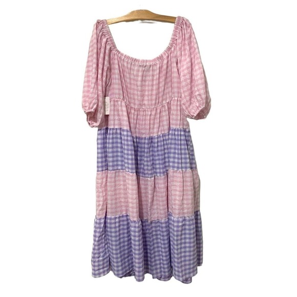Eloquii | Midi Dress Pink Gingham Check Off the Shoulder Tiered NWT- Size 22 - Picture 11 of 11